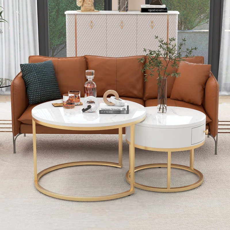 2-in-1 Runder Couchtisch mit Metallrahmen, Weiß