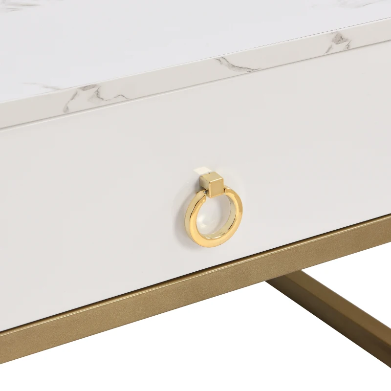 Set di Tavolini da Salotto Impilabili in Marmo Lucido e Vetro con Dettagli Dorati e Cassetti, 60x60x42,5 cm + 50x50x34 cm, Bianco