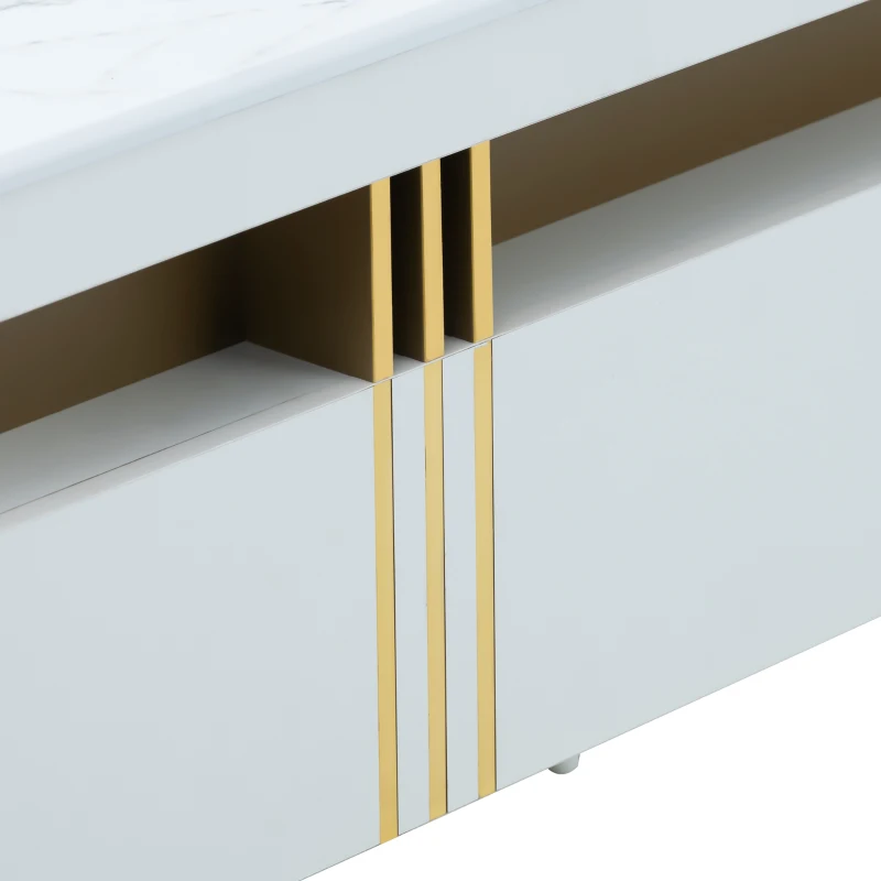 Măsuță de Cafea Modernă Dreptunghiulară cu Blat din PVC Efect Marmură și 2 Sertare din Lemn, 100x50x40 cm, Albă