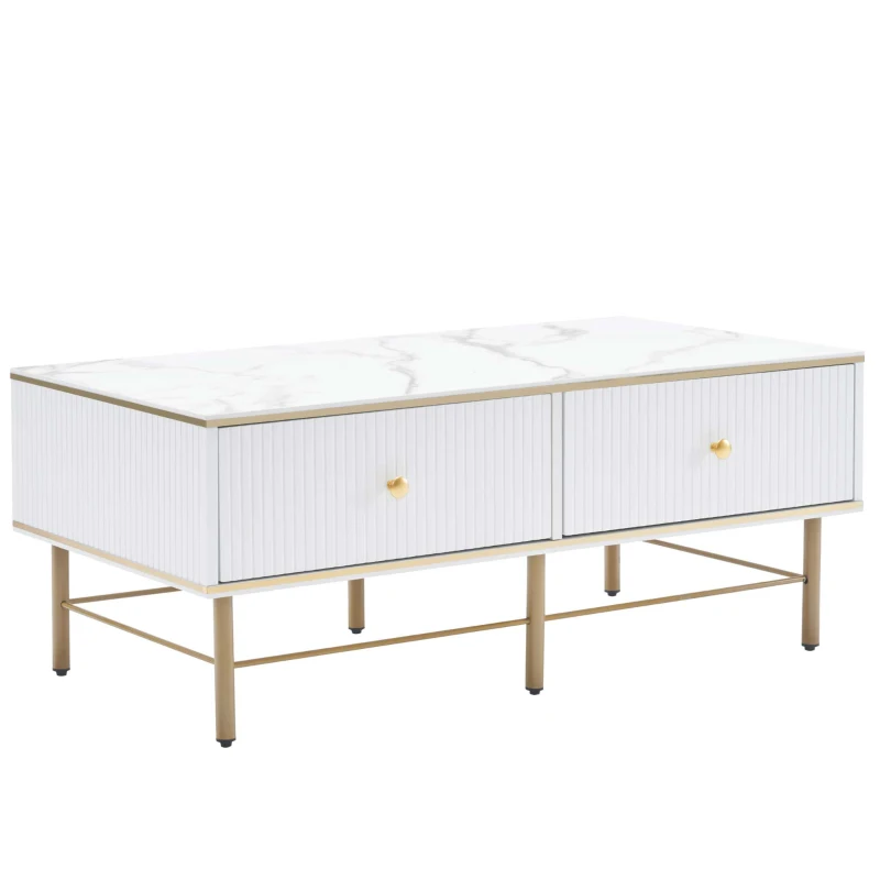Tavolino da Salotto Moderno in Marmo con 4 Cassetti, Design Rettangolare e Lucido, 105x55x42,5 cm, Bianco