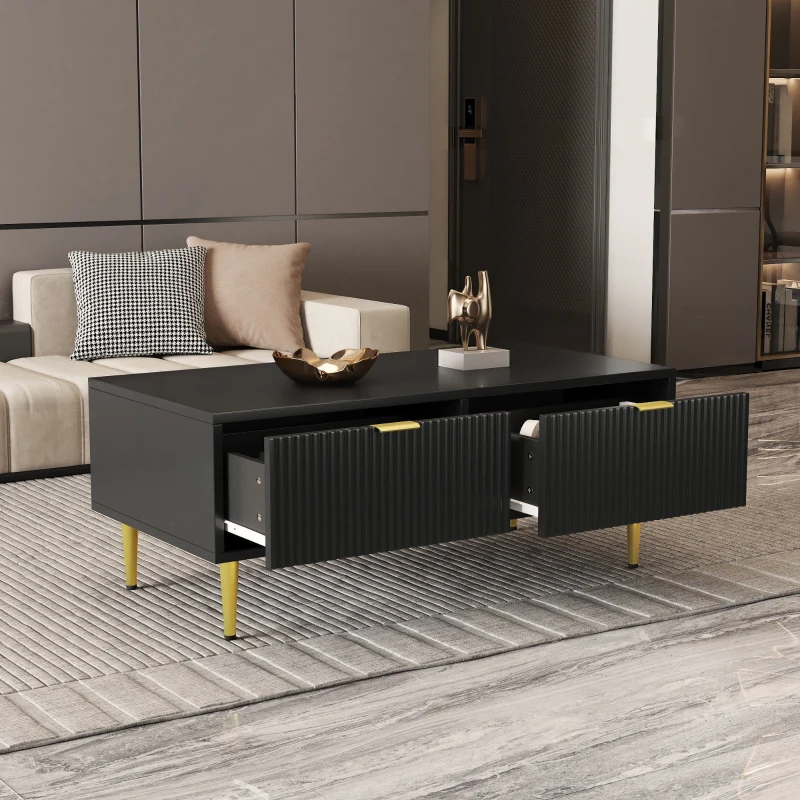 Tavolino Basso Elegante con Decorazioni Dorate, 2 Cassetti e Design a Righe Verticali, 100x50x40 cm - Tavolino da Salotto Moderno, Nero+Oro