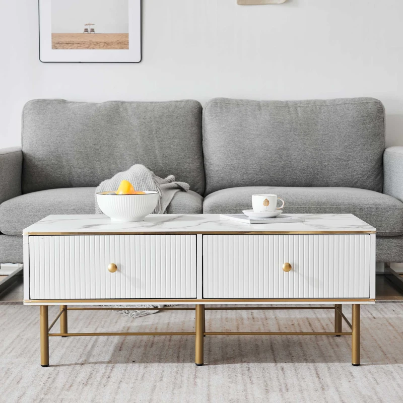 Tavolino da Salotto Moderno in Marmo con 4 Cassetti, Design Rettangolare e Lucido, 105x55x42,5 cm, Bianco