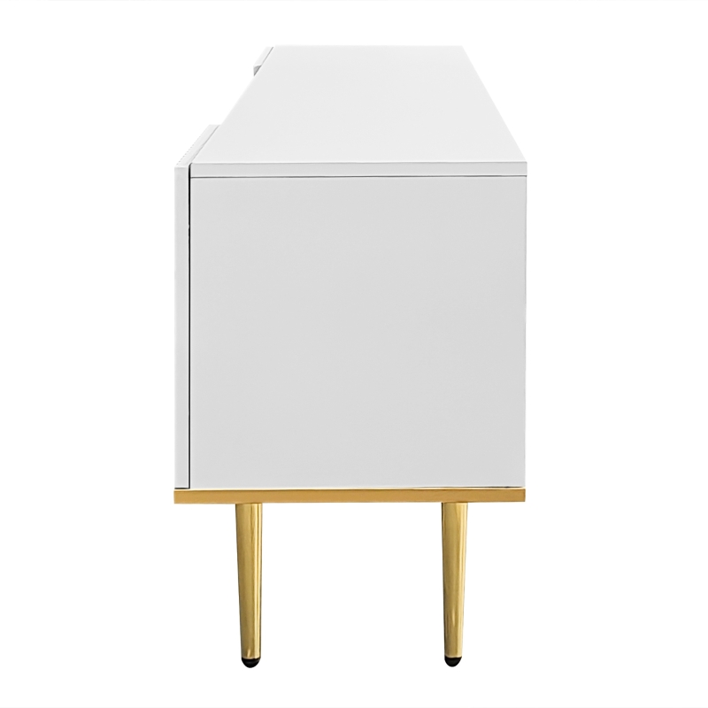 Mobiletto Porta TV Moderno con Piedini e Bordi Dorati, Due Ripiani e Due Cassetti, 165x36x55 cm, Bianco
