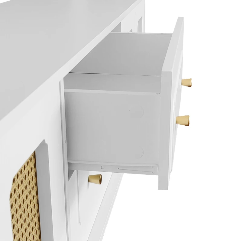 Mobiletto Porta TV in Stile Retro con Maniglie Dorate, Porte in Rattan e Gambe in Metallo, Ampio Spazio di Stoccaggio, 175x38x55,5 cm, Bianco