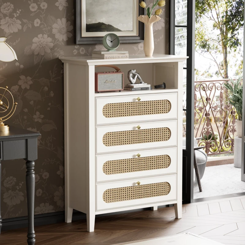 Credenza Moderna Piccola con Dettagli in Rattan e Gambe in Legno Massello, Superficie Laccata, 110x38x80 cm per Soggiorno o Cucina, Bianco