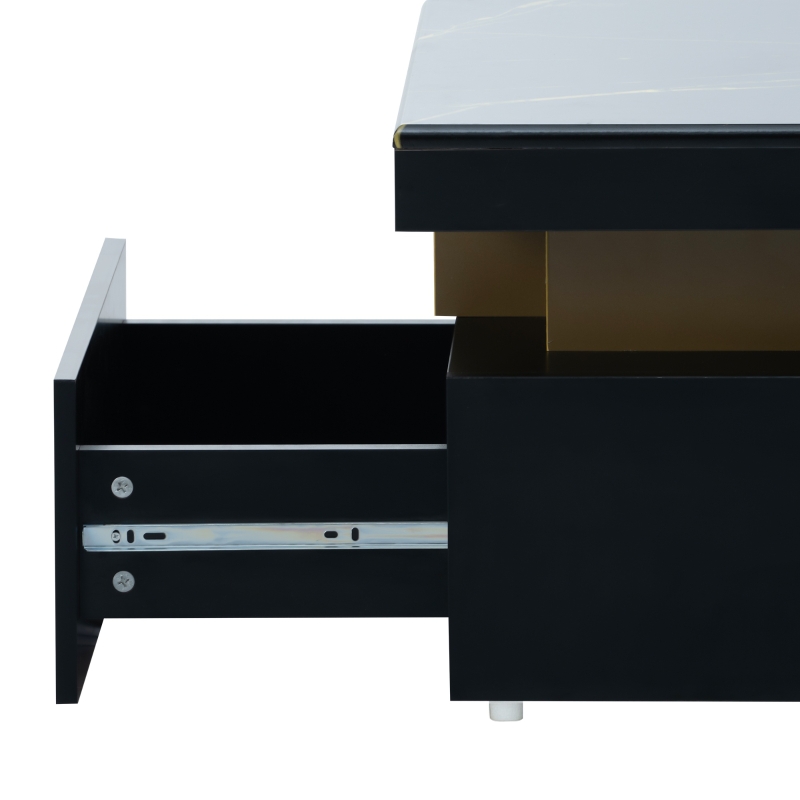 Tavolino da Salotto Moderno Rettangolare con Piano in PVC Effetto Marmo e 2 Cassetti in Legno, 100x50x40 cm, Nero