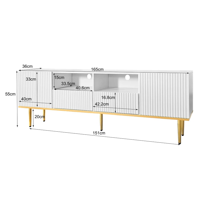 Mobiletto Porta TV Moderno con Piedini e Bordi Dorati, Due Ripiani e Due Cassetti, 165x36x55 cm, Bianco