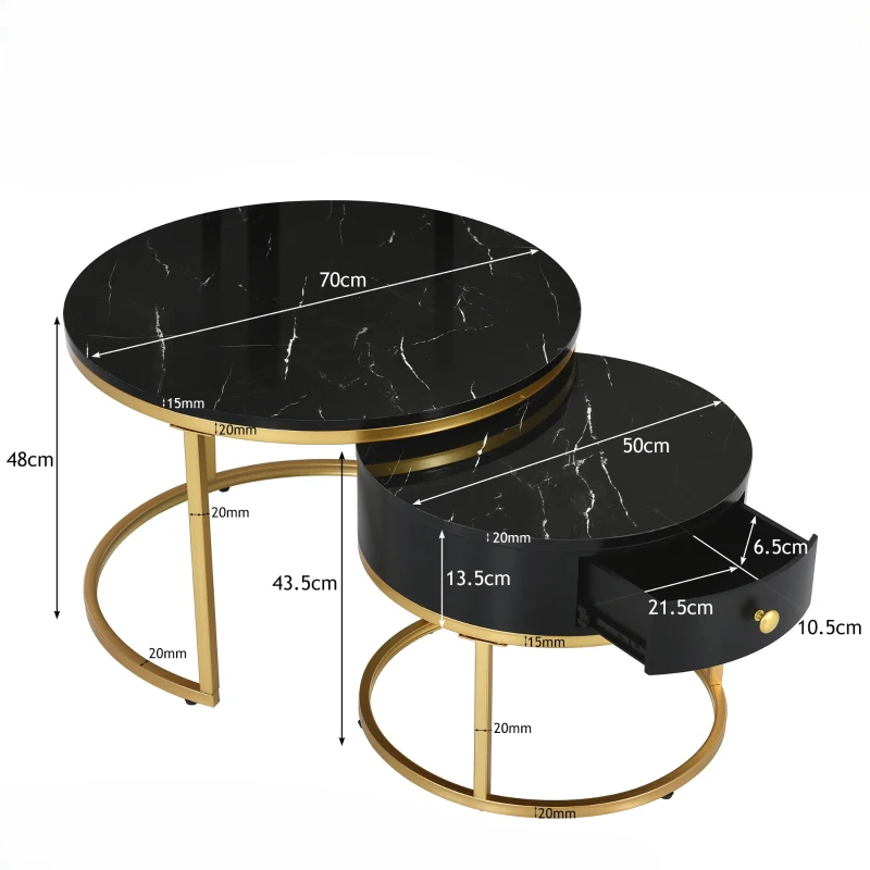Set di 2 Tavolini da Salotto Moderni Annidati con Effetto Marmo Lucido, Struttura in Metallo, 70x70x48 cm e 50x50x43,5 cm, Nero