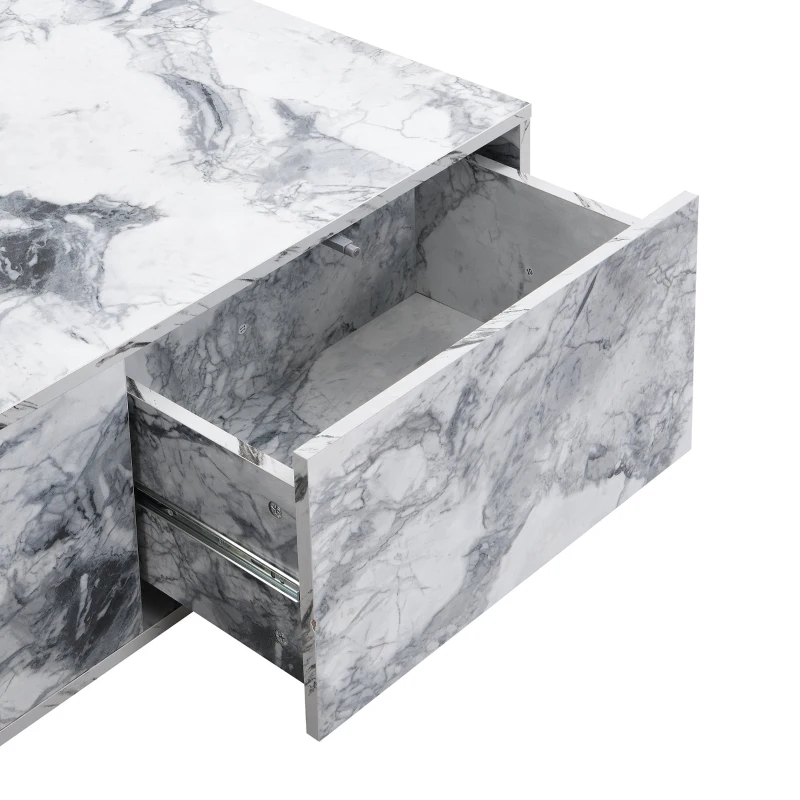 Set di Tavolini da Salotto Moderni in Marmo, Tavolo Grande con Cassetti e Tavolino con Spazio di Stoccaggio, 100x33,5x70 cm + 32x32x50 cm, Bianco