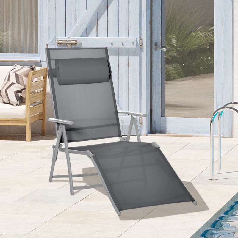 Outsunny Steel Fabric Sun Lounger Outdoor Folding Chaise Lounge Chair Recliner with Portable Design & 7 Adjustable Backrest Positions - Dark Grey