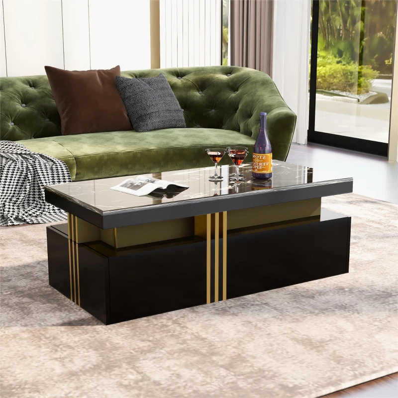 Tavolino da Salotto Moderno Rettangolare con Piano in PVC Effetto Marmo e 2 Cassetti in Legno, 100x50x40 cm, Nero