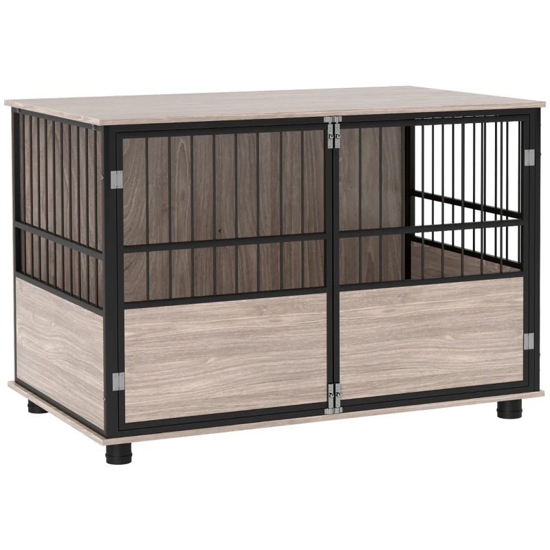 PawHut 100cm Furniture Style Dog Crate Dog Cage End Table Indoor with 3 Doors Soft Washable Cushion, for Large Sized Dogs