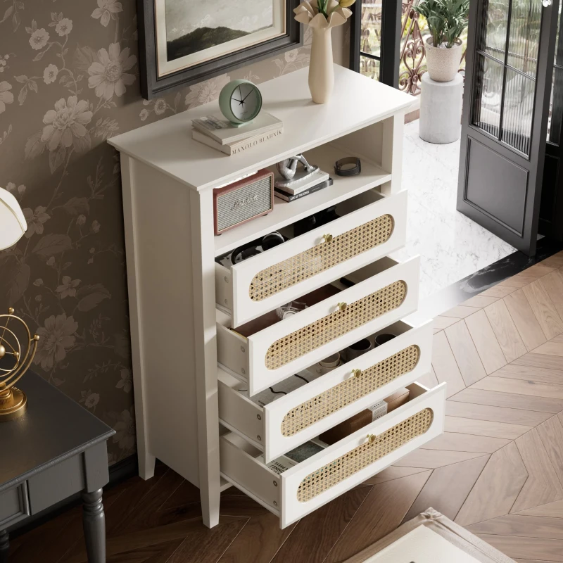 Credenza Moderna Piccola con Dettagli in Rattan e Gambe in Legno Massello, Superficie Laccata, 110x38x80 cm per Soggiorno o Cucina, Bianco