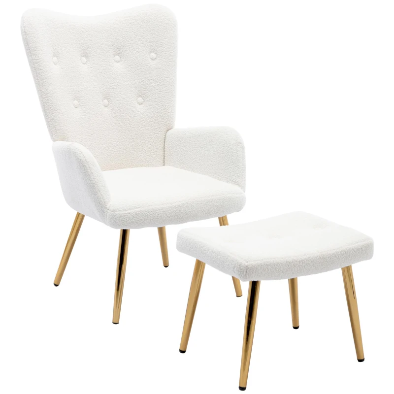 Poltrona Relax in Tessuto Teddy con Poggiapiedi, Design Ergonomico e Struttura in Metallo Dorato, 63x41.5x98 cm, Bianco