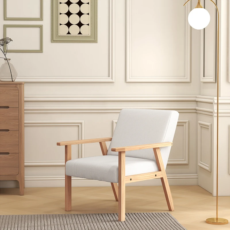 HOMCOM Accent Chair Wood Frame with Thick Linen Cushions Wide Seat Armchair Home Furniture Bedroom Office Cream White