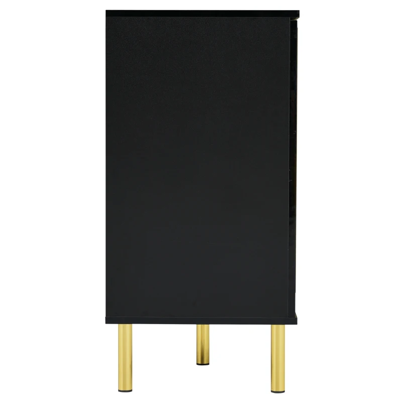 Credenza Moderna Elegante Lucida con 2 Cassetti e 4 Ante, Struttura in LED e Dettagli Dorati, 150x40x80 cm per Soggiorno e Cucina, Nero