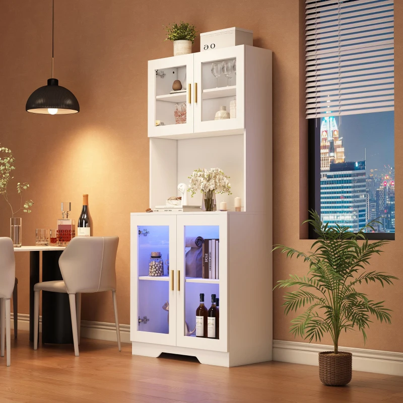 Vetrina Alta Moderna con 4 Ante in Vetro e Ripiani Mobili, Illuminazione LED Integrata, 80x170 cm, Bianco