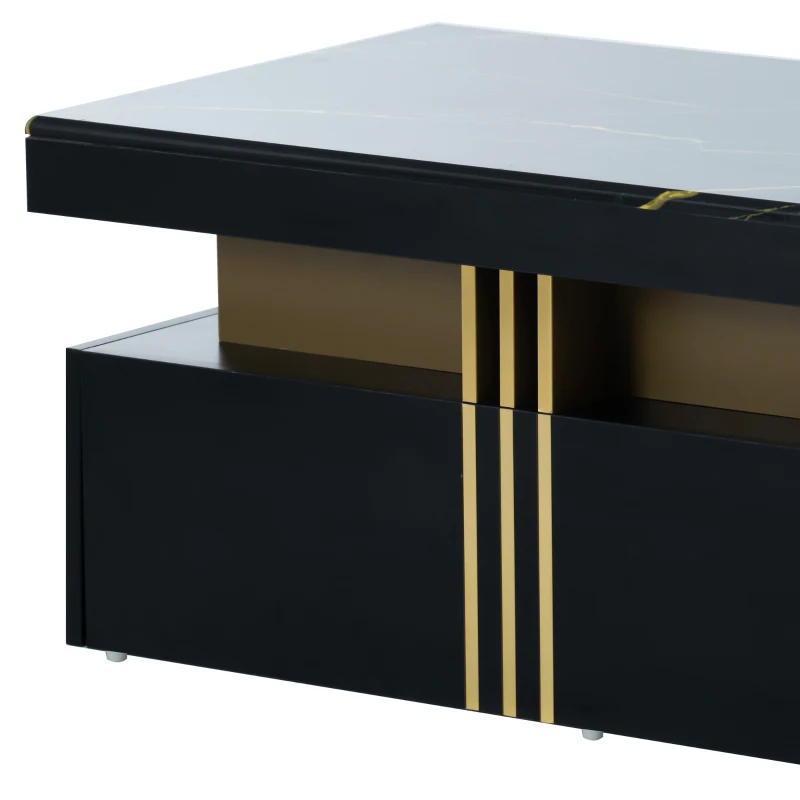 Tavolino da Salotto Moderno Rettangolare con Piano in PVC Effetto Marmo e 2 Cassetti in Legno, 100x50x40 cm, Nero