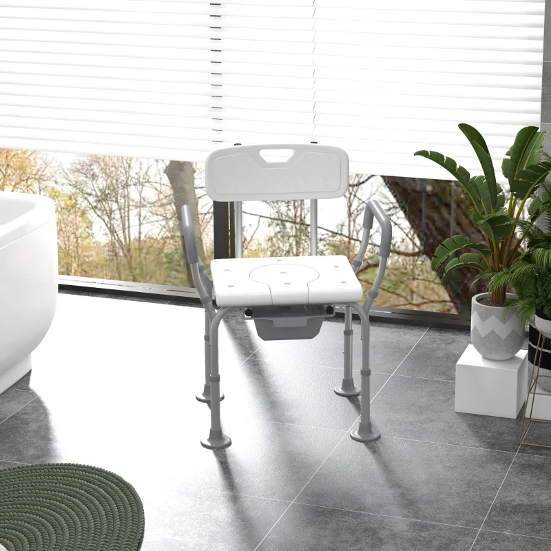 HOMCOM Chaise de douche chaise percée avec seau hauteur réglable pieds antidérapants charge max. 136Kg en aluminium HDPE blanc