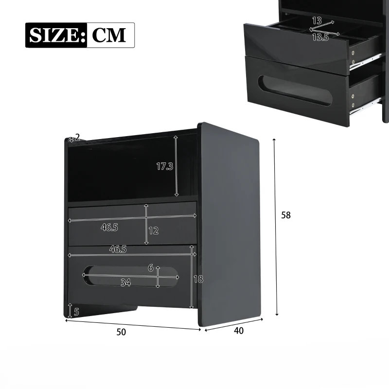 Comodino Moderno con LED Integrati e 2 Cassetti, Tavolino da Notte Intelligente con Telecomando e Ampio Spazio di Stoccaggio, 50x40x58 cm, Nero