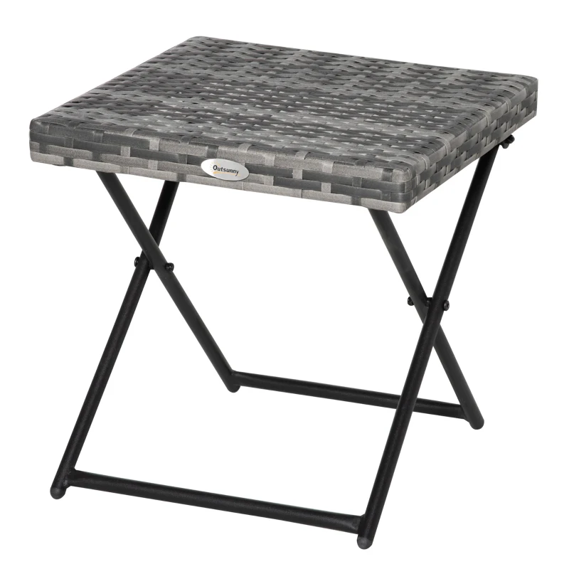 Outsunny Square PE Wicker Rattan Folding Table,Weather Resistant Wicker Weave Side Table with Steel Frame, Grey