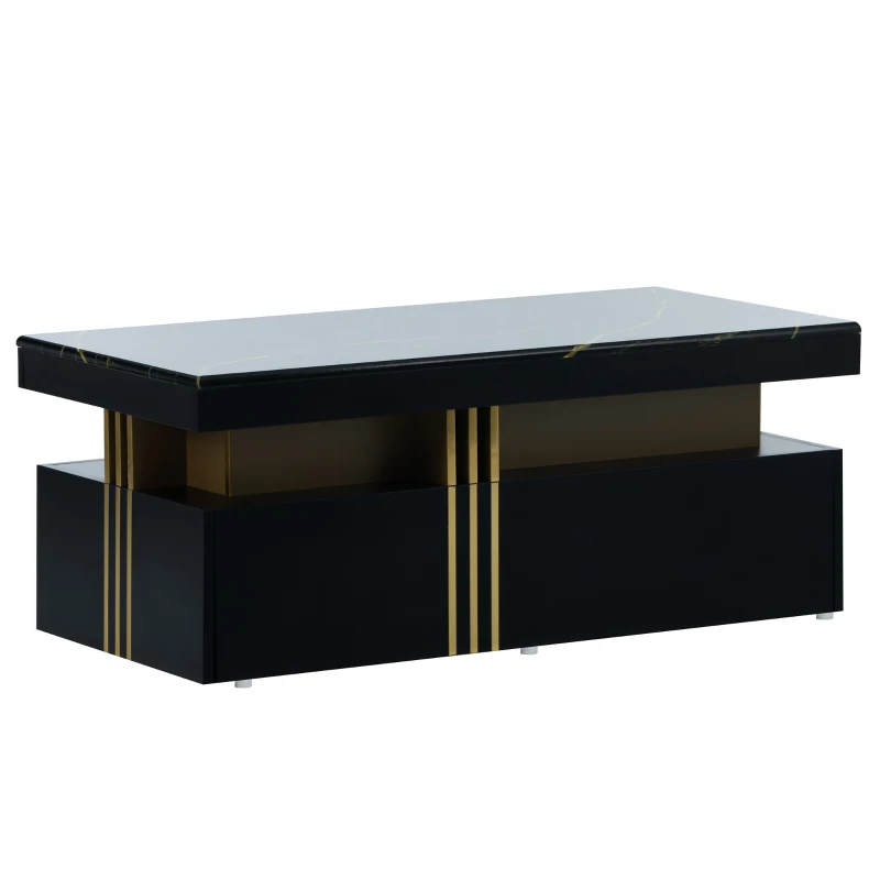 Tavolino da Salotto Moderno Rettangolare con Piano in PVC Effetto Marmo e 2 Cassetti in Legno, 100x50x40 cm, Nero