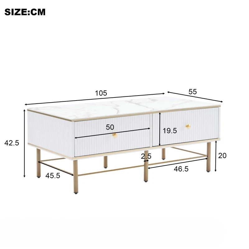 Tavolino da Salotto Moderno in Marmo con 4 Cassetti, Design Rettangolare e Lucido, 105x55x42,5 cm, Bianco