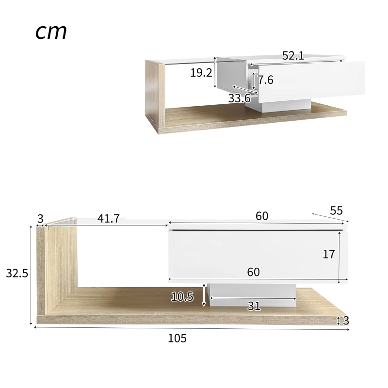 Tavolino da Salotto Moderno in Legno con Vetro e LED, 105x55x32,5 cm, Naturale