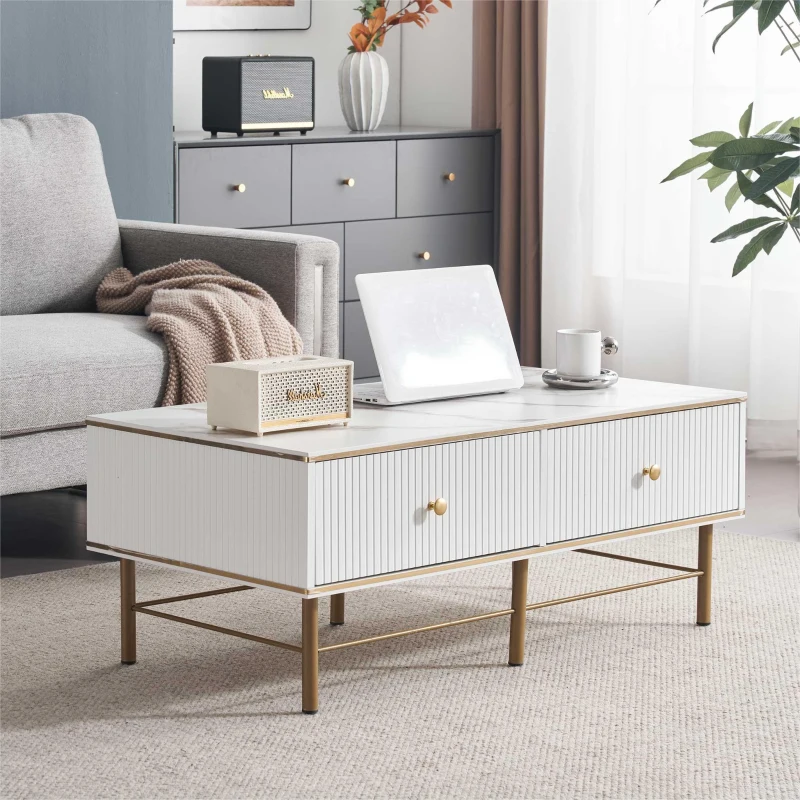 Tavolino da Salotto Moderno in Marmo con 4 Cassetti, Design Rettangolare e Lucido, 105x55x42,5 cm, Bianco
