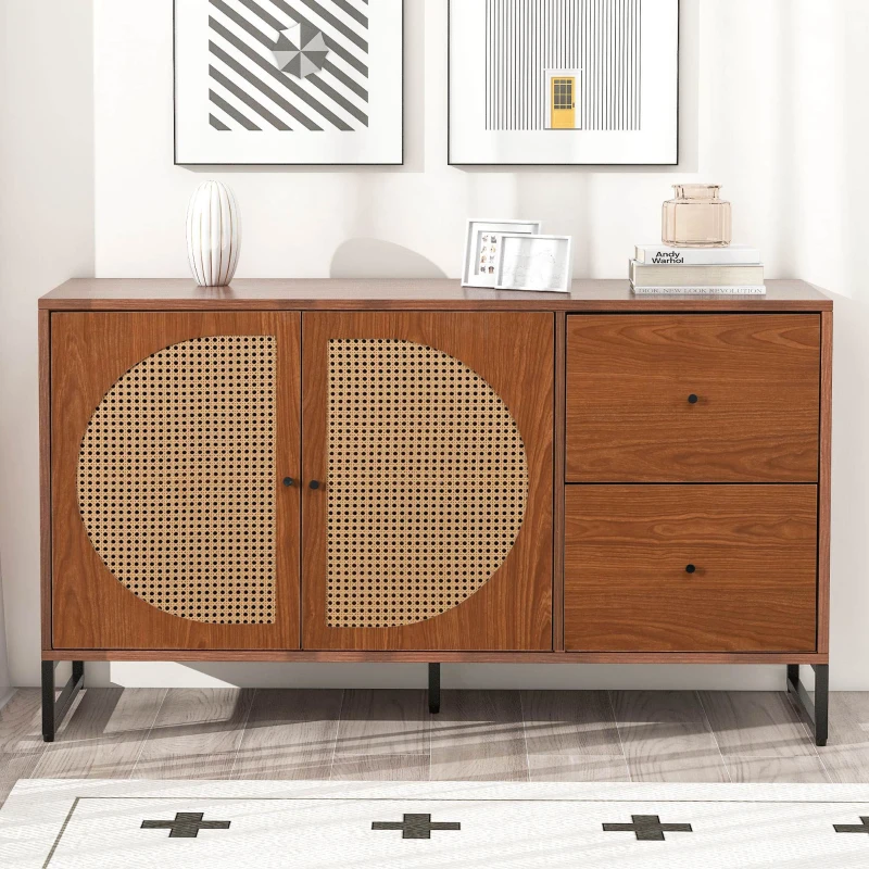 Credenza Moderna per Soggiorno e Cucina, con 2 Ante in Rattan e 2 Cassetti, Maniglie in Metallo, 130x40x75 cm, Colore Noce
