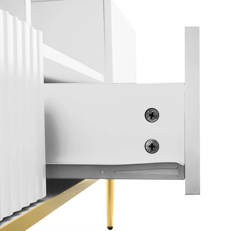 Mobiletto Porta TV Moderno con Piedini e Bordi Dorati, Due Ripiani e Due Cassetti, 165x36x55 cm, Bianco