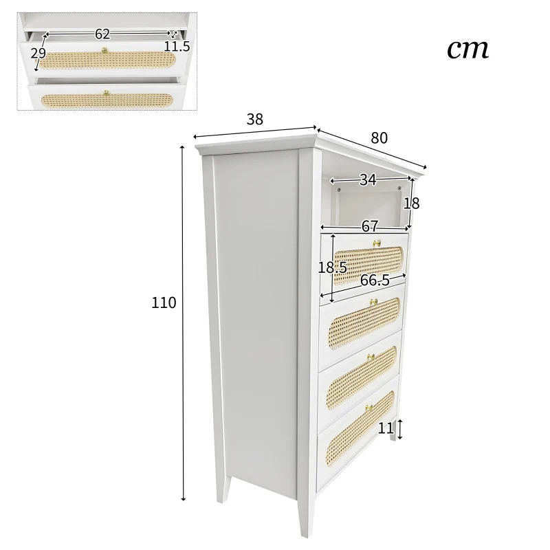 Credenza Moderna Piccola con Dettagli in Rattan e Gambe in Legno Massello, Superficie Laccata, 110x38x80 cm per Soggiorno o Cucina, Bianco
