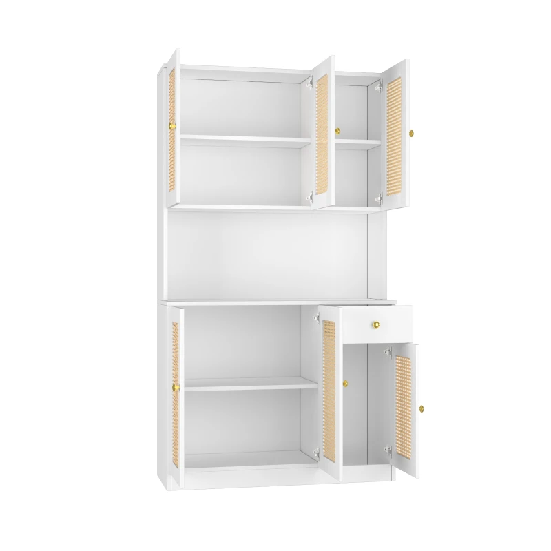 Credenza Alta in Rattan con 6 Ante e Cassetto Centrale Aperto, Ideale per Soggiorno e Ingresso, Credenza Moderna per Soggiorno, Bianco