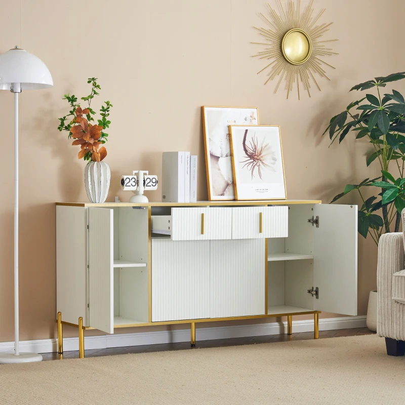 Credenza Elegante con Dettagli Dorati, Cassetti Silenziosi e Ripiani Regolabili, 140x35x76 cm - Perfetta per Cucina e Soggiorno, Bianco