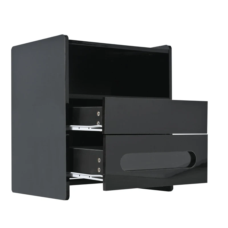 Comodino Moderno con LED Integrati e 2 Cassetti, Tavolino da Notte Intelligente con Telecomando e Ampio Spazio di Stoccaggio, 50x40x58 cm, Nero