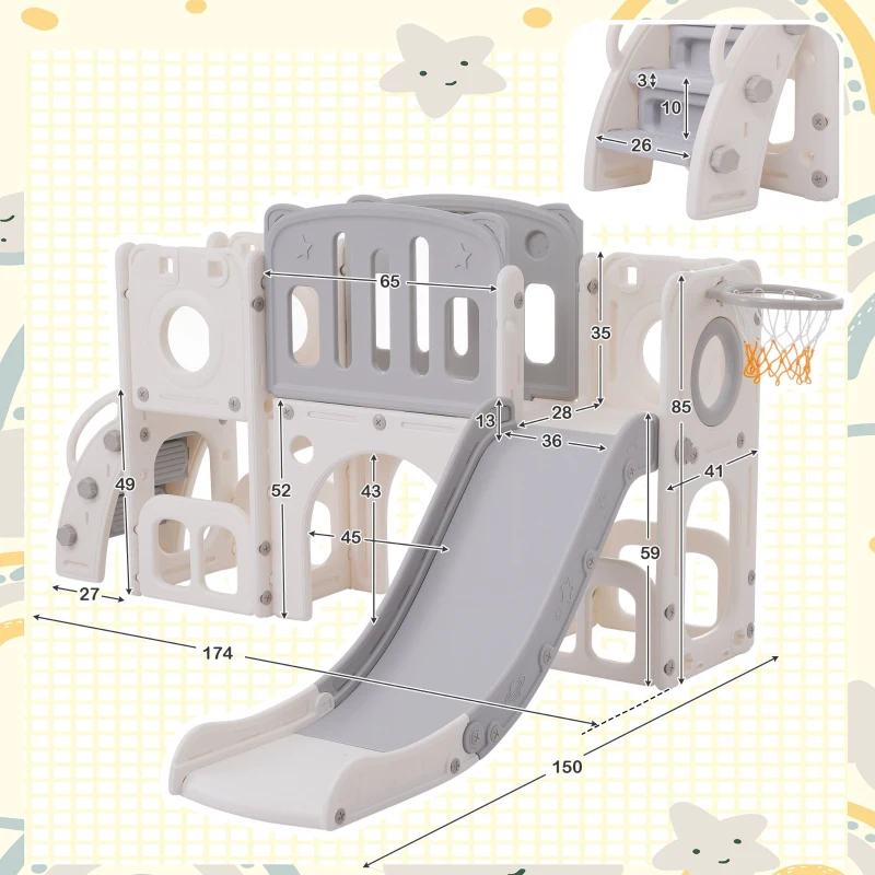 Scivolo Multifunzione 6-in-1 per Bambini con Rampa, Doppia Piattaforma, Armadietti, Canestro e Scala, in Polietilene ad Alta Densità, 174x150x95 cm - Scivolo da Giardino per Bambini, Grigio+Bianco