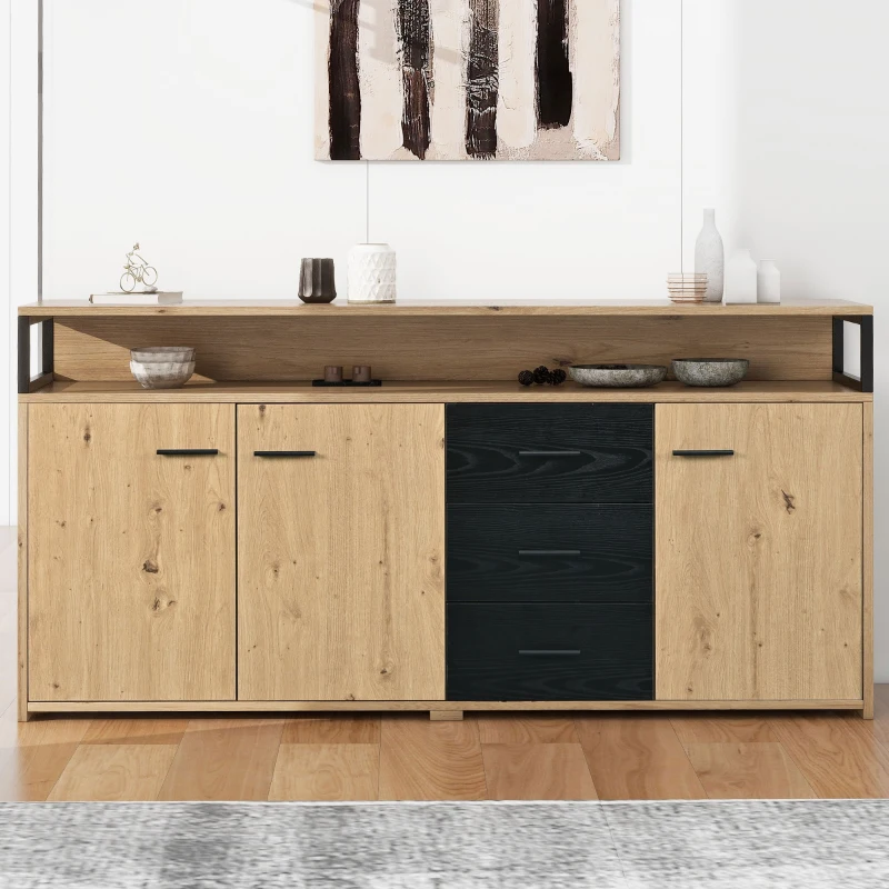 Credenza Moderna con 3 Ante e 3 Cassetti, Maniglie in Metallo, per Soggiorno e Cucina, 150x35x75.9 cm, Nero Marrone