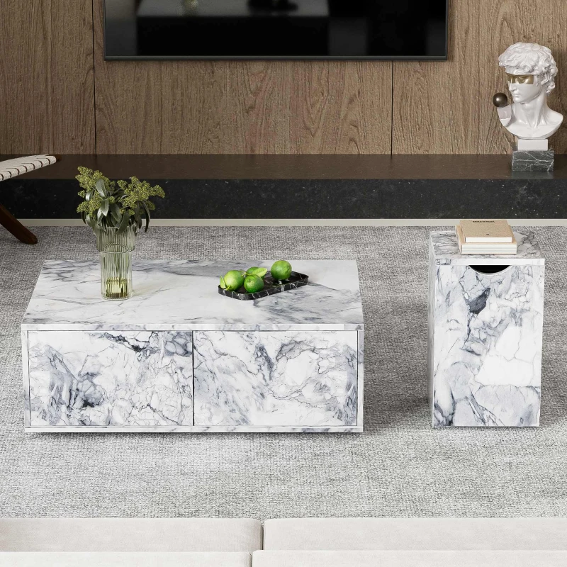 Set di Tavolini da Salotto Moderni in Marmo, Tavolo Grande con Cassetti e Tavolino con Spazio di Stoccaggio, 100x33,5x70 cm + 32x32x50 cm, Bianco