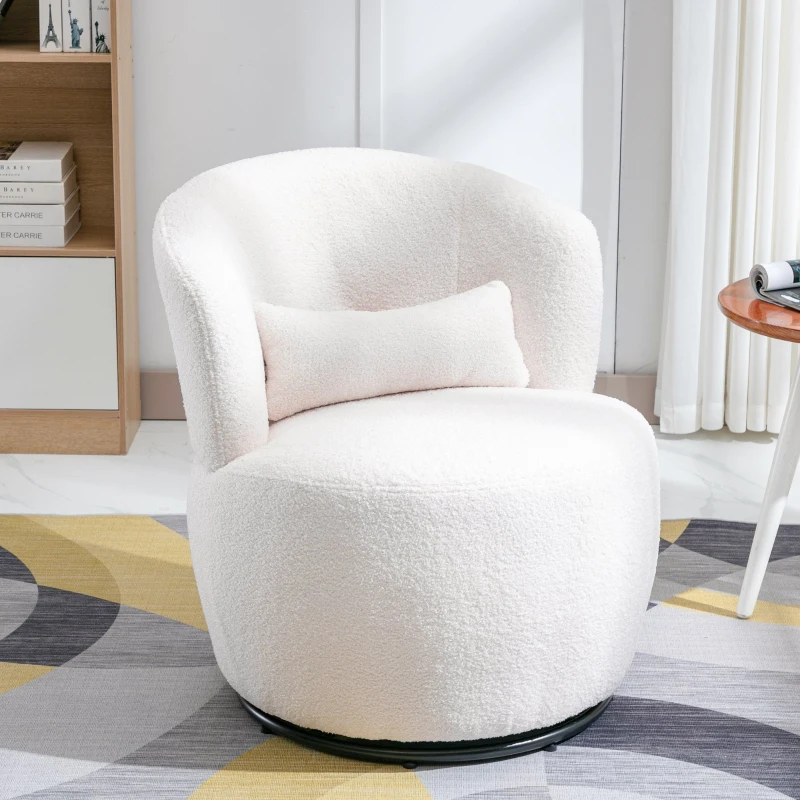 Poltrona Scrivania Girevole in Peluche Teddy con Cuscino Lombare, Base in Metallo Rotante a 360°, Portata 100 kg, 65x70x73 cm, Bianco