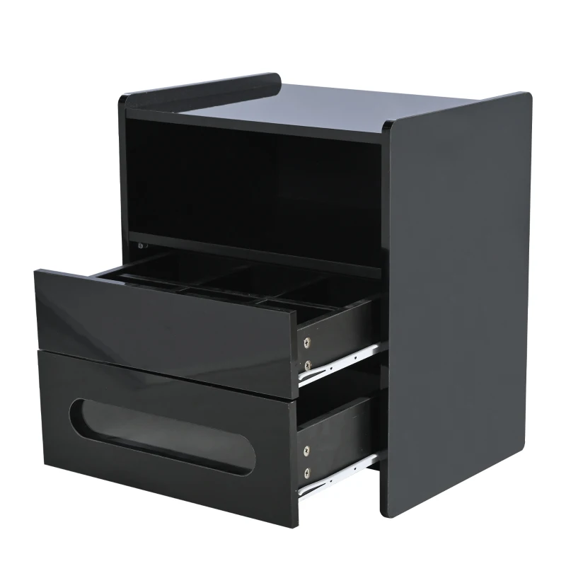 Comodino Moderno con LED Integrati e 2 Cassetti, Tavolino da Notte Intelligente con Telecomando e Ampio Spazio di Stoccaggio, 50x40x58 cm, Nero