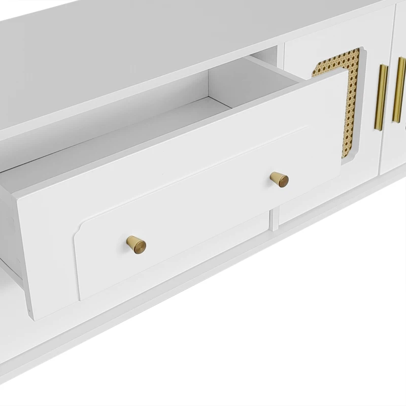 Mobiletto Porta TV in Stile Retro con Maniglie Dorate, Porte in Rattan e Gambe in Metallo, Ampio Spazio di Stoccaggio, 175x38x55,5 cm, Bianco