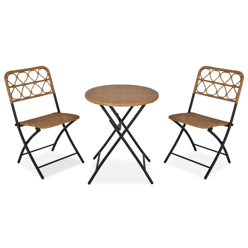 Outsunny 2 Seater Foldable Rattan Wicker Bistro Set, Coffee Table and Chairs, Natural