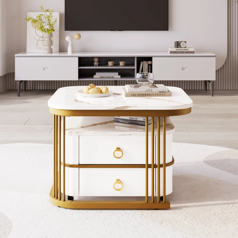 Set di Tavolini da Salotto Impilabili in Marmo Lucido con Accenti Dorati e Cassetti, 60x60x45 cm + 50x50x34 cm, Bianco