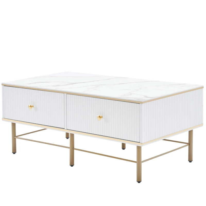 Tavolino da Salotto Moderno in Marmo con 4 Cassetti, Design Rettangolare e Lucido, 105x55x42,5 cm, Bianco