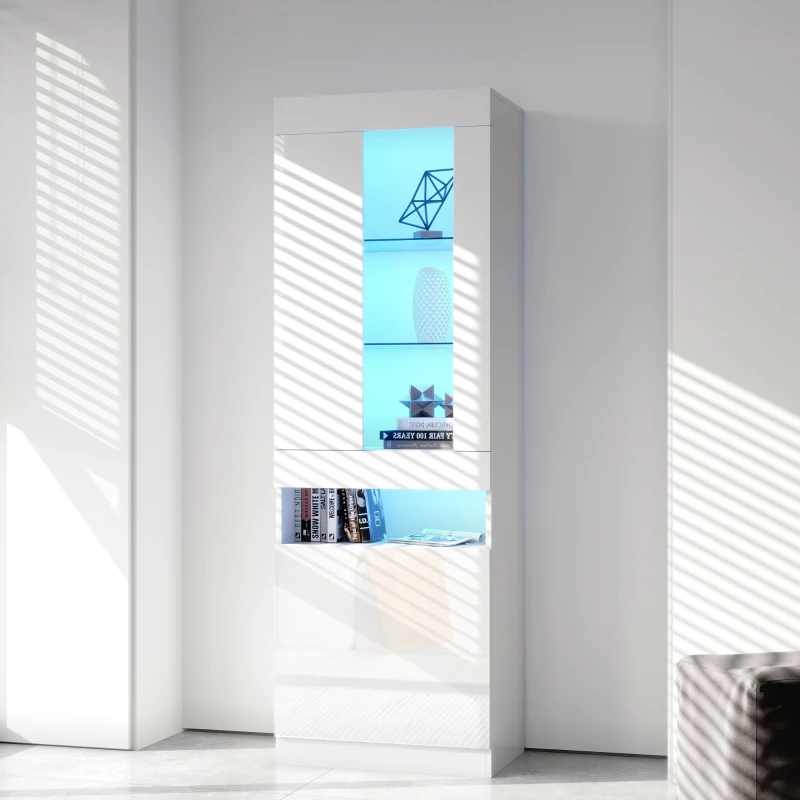 Vetrinetta Moderna con Illuminazione LED Multicolore a 16 Colori, Telecomando e Ripiani in Vetro, 50x40x180 cm, Bianco
