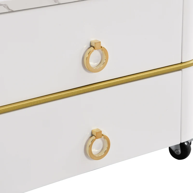 Set di Tavolini da Salotto Impilabili in Marmo Lucido con Accenti Dorati e Cassetti, 60x60x45 cm + 50x50x34 cm, Bianco