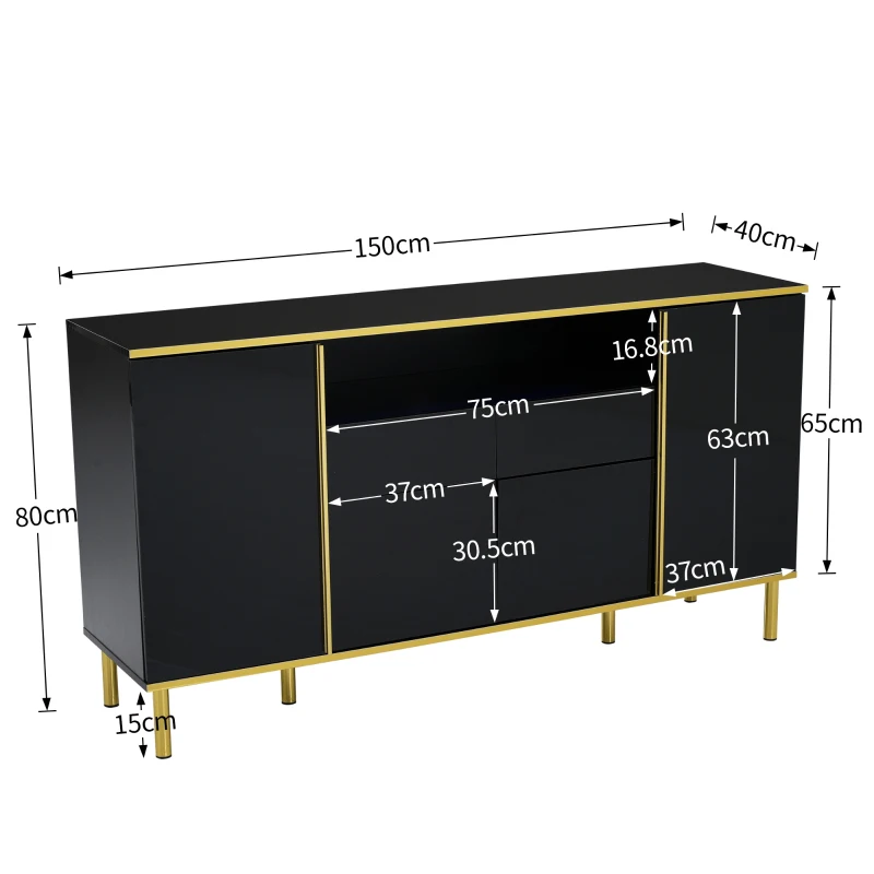 Credenza Moderna Elegante Lucida con 2 Cassetti e 4 Ante, Struttura in LED e Dettagli Dorati, 150x40x80 cm per Soggiorno e Cucina, Nero