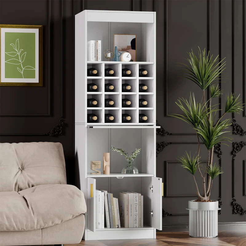 Mobiletto Porta Vino con 16 Scomparti per Bottiglie, Multifunzionale come Highboard per Sala da Pranzo o Libreria per Soggiorno, 50x40x180 cm, Bianco