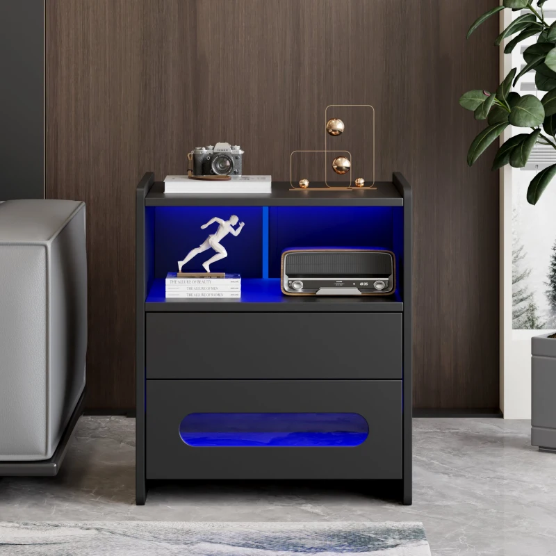 Set di 2 Comodini Moderni per Camera da Letto con Illuminazione LED e 2 Cassetti, Tavolini da Notte con Telecomando, Nero