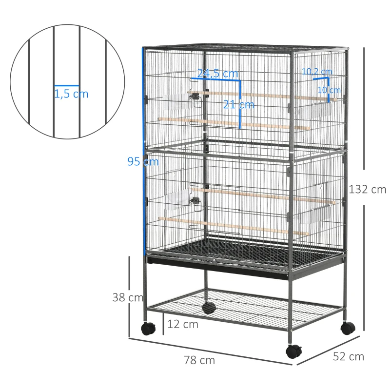 PawHut Gaiola para Pássaros com Rodas Bandeja Amovível 4 Portas 4 Comedouros e Prateleira de Armazenamento 78x52x132cm Cinza